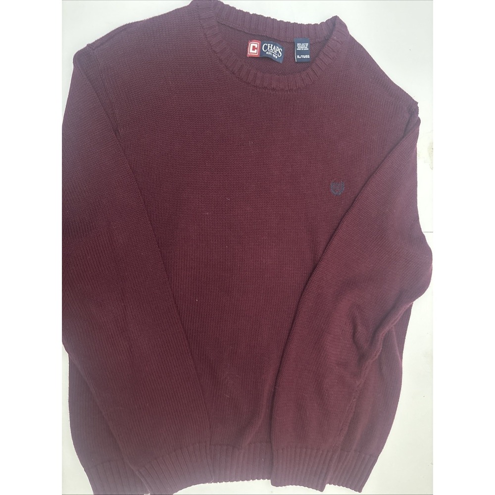 Chaps Mens Crewneck Sweater XL Tall Burgundy 100% Cotton Knit Pullover Logo